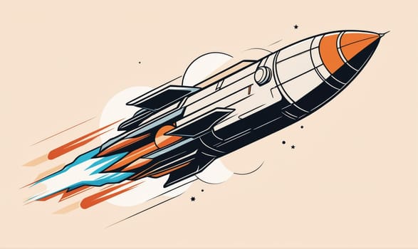 A white and orange rocket is flying through space, leaving behind a trail of bright blue and orange flames. The rocket has black wings and an orange and white top