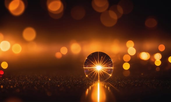 A glass sphere sits on a dark surface, reflecting a background of out-of-focus golden lights. The sphere creates a starburst effect, appearing as if the lights are radiating outward from its center.