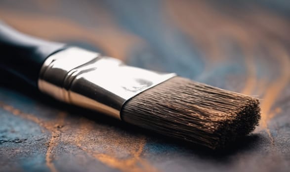 A close-up of a paintbrush lying on a dark surface. The bristles are brown and soft, and the metal ferrule is shiny.