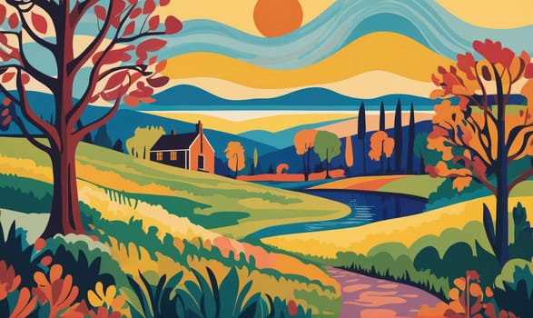 A colorful painting of a landscape scene with a farmhouse, a winding river, and trees in the foreground. There are rolling hills, a bright blue sky, and a large orange sun in the background.