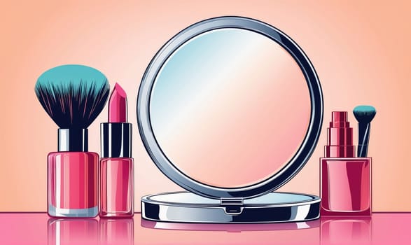 An illustration of a compact mirror with a silver frame, lipstick, nail polish, a makeup brush, and a bottle of perfume