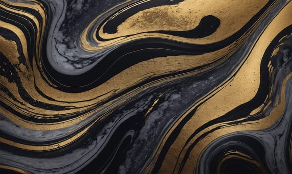A close-up image of an abstract pattern formed by black and gold liquid marble swirls. The swirling lines create a dynamic and eye-catching effect, highlighting the depth and texture of the marble.