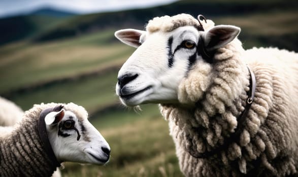 Two sheep, one with black markings around its eye, stand in a grassy field. The sheep in the foreground looks to the right, while the sheep in the background is looking to the left