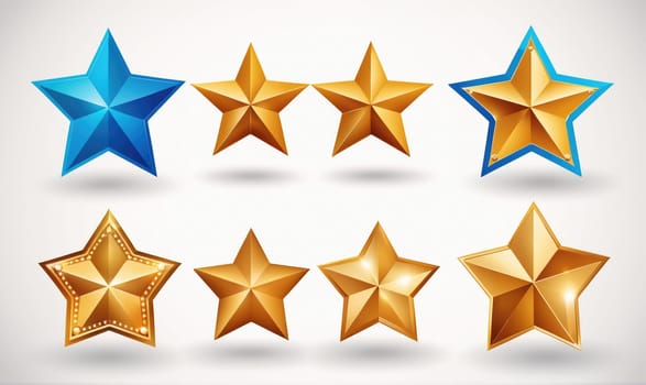 A graphic with seven stars, one blue and six gold, arranged in two rows on a white background.