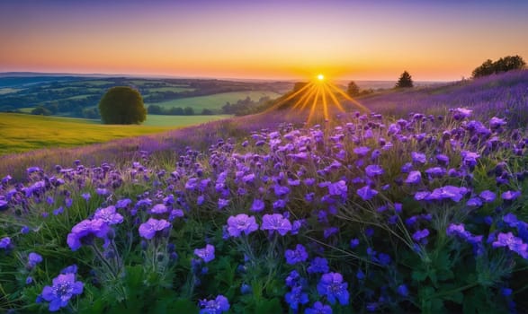 The image captures a scenic vista of a field bursting with purple wildflowers, bathed in the warm hues of sunrise. A solitary tree stands on a nearby hillside, silhouetted against the vibrant sky