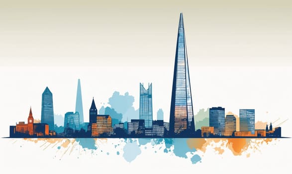 This is a watercolor illustration of the London skyline. The Shard, a tall, pointed building, is the most prominent feature