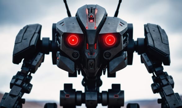 A close-up view of a robot with a black body and red eyes, facing the camera with its arms extended outward. The robot is in front of a blurry background of a cloudy sky.