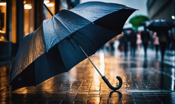 A black umbrella lays on the sidewalk, closed, with its handle resting on the pavement. The street is wet from rain, and the reflection of the streetlights can be seen in the puddles.