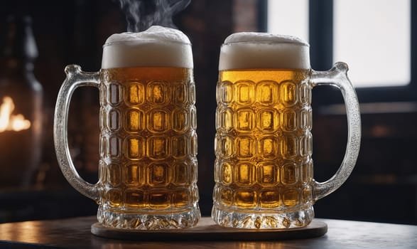 Two glass steins of beer sit on a wooden table, filled with a golden amber liquid topped with a layer of white foam. Steam rises from the beer in the left stein.