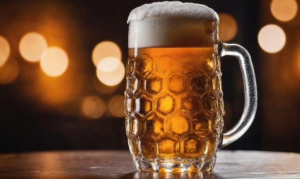 A large glass mug of beer with a foamy head sits on a wooden table. The background is blurry and out of focus, suggesting a bar setting