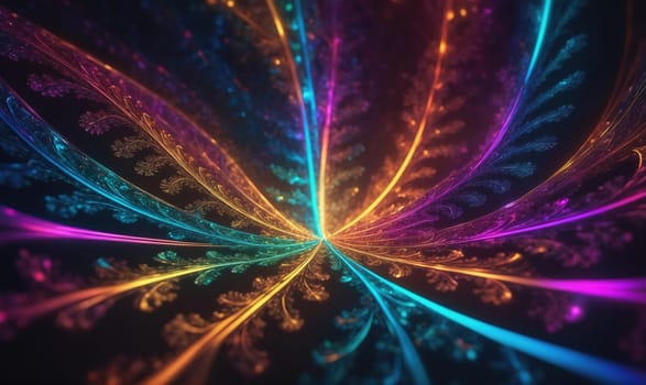 An abstract image with a dark background and glowing lines in shades of orange, yellow, blue, and purple that create a swirling, radial pattern