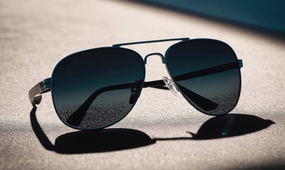 Black aviator sunglasses with dark lenses lie on a light, textured surface. The lenses reflect the surrounding environment, creating a hazy image. The sunglasses cast a shadow on the surface.
