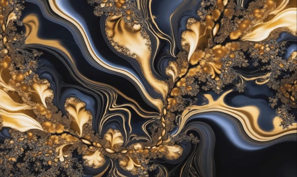 The image shows an abstract pattern of swirling gold and blue shapes on a black background. The shapes are intricate and detailed, creating a sense of depth and movement.