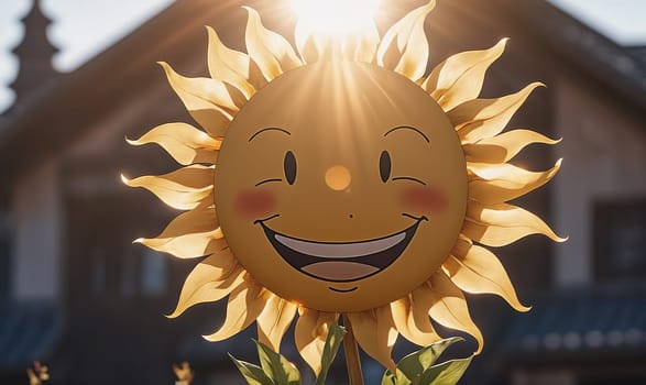 A yellow sun sculpture with a smiley face, blushing cheeks, and a large, toothy grin is illuminated by sunlight. The sun sculpture is attached to a stick with green leaves