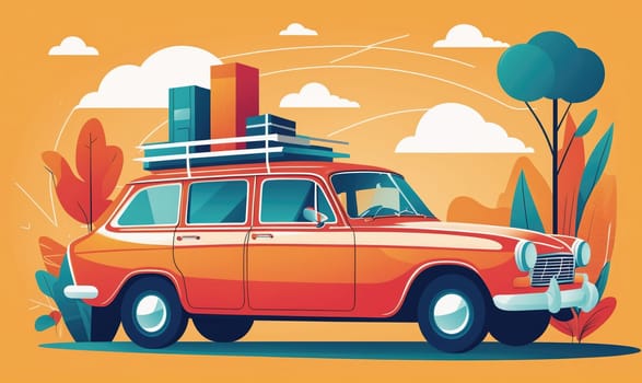 A red station wagon with a roof rack full of luggage is driving down a road. The car is surrounded by a bright orange background with trees and clouds.