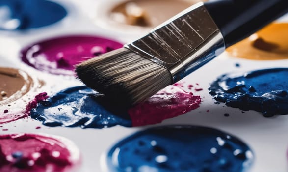 A paintbrush sits on a palette of wet paint. The brush is positioned over a patch of blue paint. There are other colors of paint on the palette, including pink, orange, and brown.