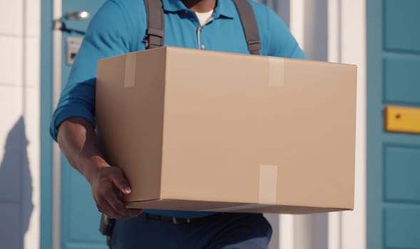 A person wearing a blue shirt and a delivery vest holds a large cardboard box in front of a house with a blue door. They are delivering the package.