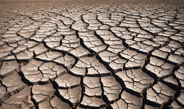 A close-up view of cracked, dry earth, typical of a desert environment. The ground is covered in a network of deep fissures, creating a pattern of polygons.