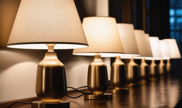 A row of brass table lamps with white shades are lined up on a table. The lights are turned on and casting a warm glow.