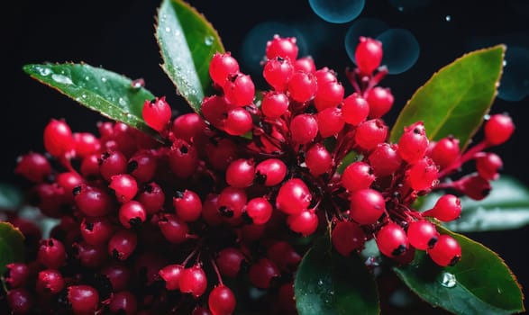 A bunch of shiny, red berries are clustered on a green bush. The berries are round and plump, and the leaves are wet with water droplets