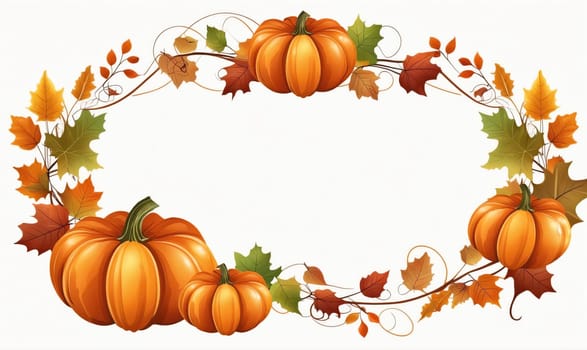 An oval wreath made of vines and leaves surrounds four pumpkins. The pumpkins are orange and have a glossy finish. The leaves are green, red, and orange, and they are arranged in a random pattern.