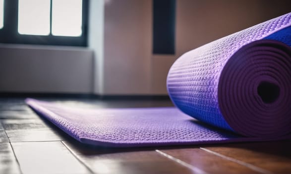 A purple yoga mat is rolled up on a wooden floor near a window in a room. The mat is partially unrolled, with the rolled part of the mat visible in the foreground.