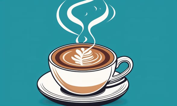 A white coffee cup with a brown coffee drink with latte art sits on a white saucer. Steam rises from the cup. The background is a teal blue.