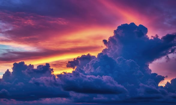 Dark blue clouds dominate the sky, creating a sense of depth and drama. The setting sun paints the horizon with streaks of orange, pink, and purple, highlighting the fluffy texture of the clouds.