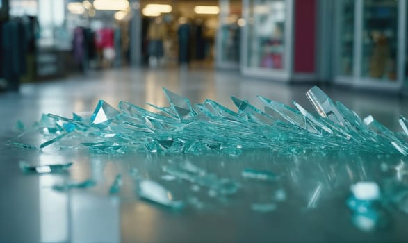 A large pile of broken glass shards rests on a grey floor. The glass appears to be from a window pane or large mirror. The background is blurred, showing an indoor space possibly a store or office.