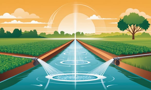 A canal of water runs through a field of crops. The canal is surrounded by brown banks. On either side of the canal, the crops are green and healthy
