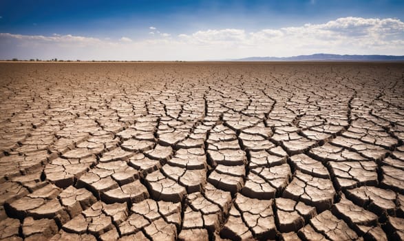 A wide shot of a dry, cracked desert landscape. The ground is covered in a network of deep, irregular cracks. The sky is a bright blue with a few fluffy white clouds.