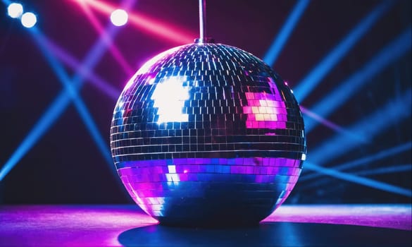 A shiny disco ball, reflecting blue and pink lights, is set up on a dance floor. The ball is positioned on a purple surface with blue and pink spotlights reflecting off of it.