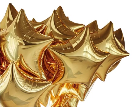 A cluster of shiny golden star-shaped balloons is gathered together, creating a celebratory atmosphere ideal for various festive occasions and events.