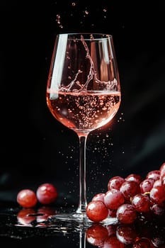 A glass of sparkling rosé wine showcases droplets flying as it makes contact with the liquid. Fresh grapes lay nearby, enhancing the appealing arrangement.