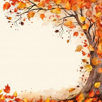 A picturesque autumn setting shows a tree with brilliant orange and red leaves, as colorful foliage swirls gently around its base, capturing the beauty of the fall season.