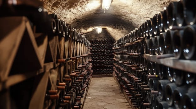 A rustic wine cellar features neatly organized rows of bottles resting on wooden racks, illuminated by soft lighting. The atmosphere evokes a sense of history and craftsmanship.