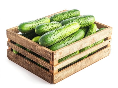 A wooden crate holds a bountiful harvest of vibrant green cucumbers, showcasing their fresh appearance and subtle textures, highlighting farm-fresh produce.