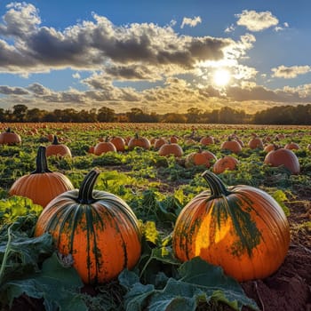 The warm glow of the setting sun illuminates a pumpkin patch, where plump orange pumpkins are nestled among thick green vines, creating a picturesque autumn landscape.