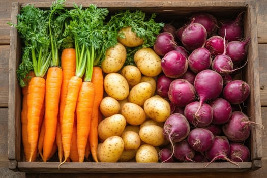 A wooden crate holds vibrant, freshly harvested vegetables, including bright orange carrots, golden potatoes, and deep purple radishes, set against a rustic backdrop.