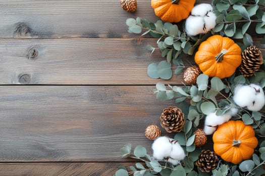 Small orange pumpkins, white cotton bolls, and pinecones are beautifully arranged alongside eucalyptus leaves on a rustic wooden table, creating an inviting autumn atmosphere.