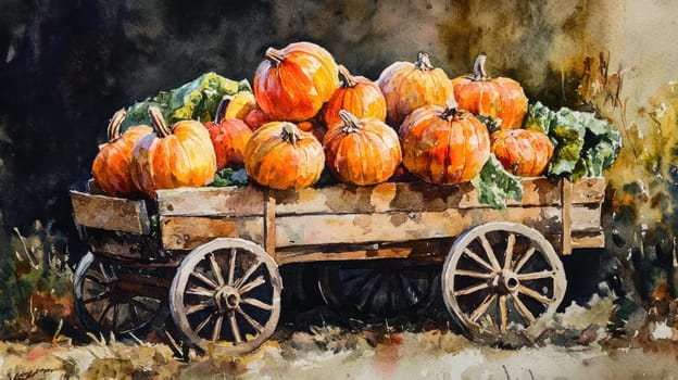 The wooden cart overflowing with vivid orange pumpkins and fresh green leaves captures the essence of fall harvest. The warm colors evoke a rustic and tranquil atmosphere.