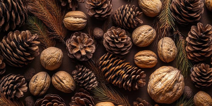 A collection of various pine cones and walnuts is artistically displayed against a dark background, highlighting the intricate patterns and natural beauty of autumn's harvest.