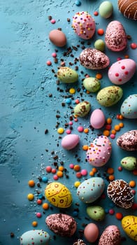 The table is adorned with a variety of Easter eggs in different colors and patterns. From electric blue circles to intricate designs, each egg is a work of art in macro photography closeup