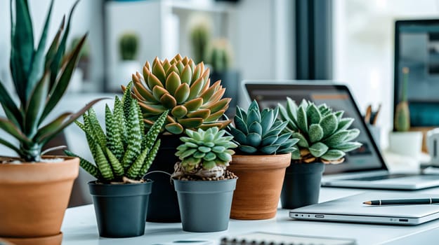 Various succulent plants in terracotta and black pots are neatly lined up on an office desk. Laptops and other office supplies are visible in the background, indicating a work setting - Generative AI