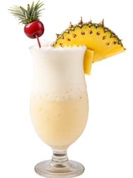Pina Colada hurricane glass filled with blend of rum coconut cream and pineapple juice garnished. Drink isolated on transparent background.