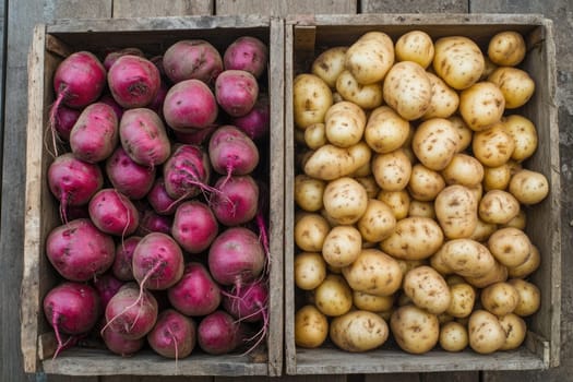 The image shows wooden crates filled with freshly harvested yellow potatoes and deep red beets, showcasing seasonal produce in a rustic setting, emphasizing the bounty of autumn.