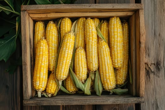 A wooden crate filled with fresh sweet corn, displaying bright yellow kernels nestled within their green husks. The natural wood backdrop adds rustic charm.