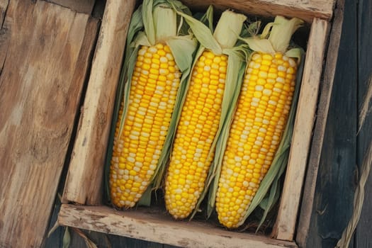 A wooden crate filled with fresh sweet corn, displaying bright yellow kernels nestled within their green husks. The natural wood backdrop adds rustic charm.