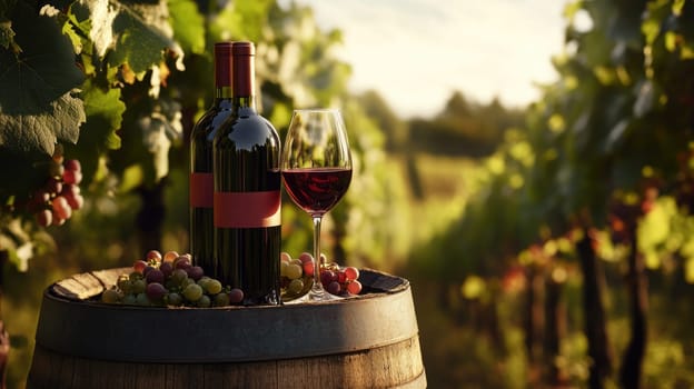 A bottle of rich red wine and a glass sit elegantly on a wooden barrel in a lush vineyard at sunset, with vibrant grapes scattered around, creating a serene atmosphere.