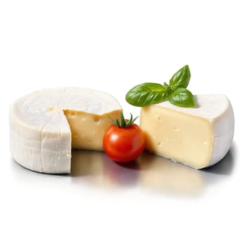 Chabichou du Poitou cheese small soft goat s milk cylinder paired with fresh cherry tomatoes. Food isolated on transparent background
